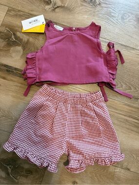 Yell-oh! Mauve Ruffle Side-Tie Crop Top & Gingham Ruffle Hem Shorts Set